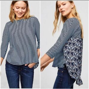 LOFT Blue Mixed Media Top Women's Small Blouse Striped/Paisley Chiffon/Knit Tee